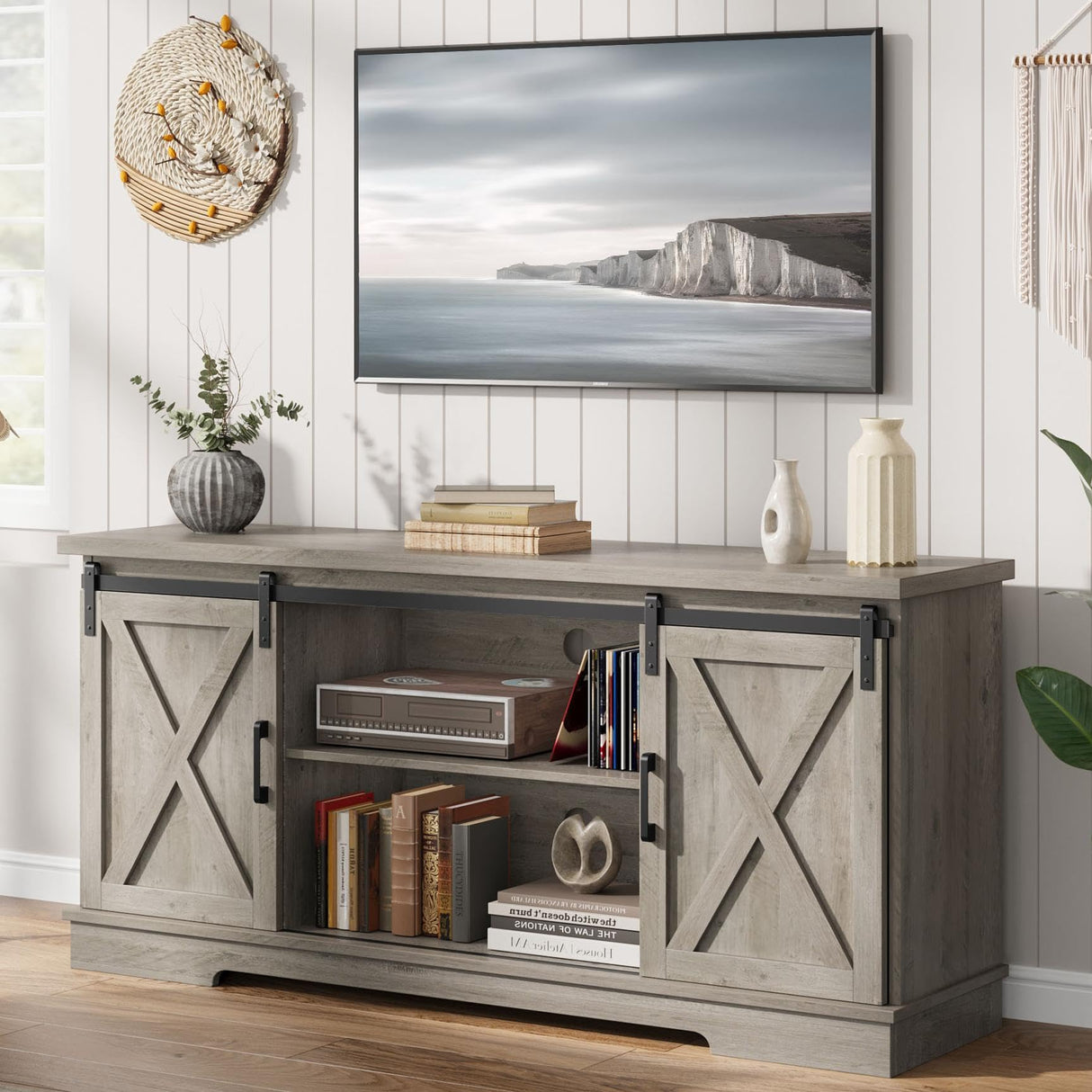 IDEALHOUSE Farmhouse Tv Stand for 65 Inches TVs, Entertainment Center with Storage and Sliding Barn Doors, Adjustable Shelf Modern Media TV Console TV Stand Table for Living Room, Bedroom, Grey IDEALHOUSE