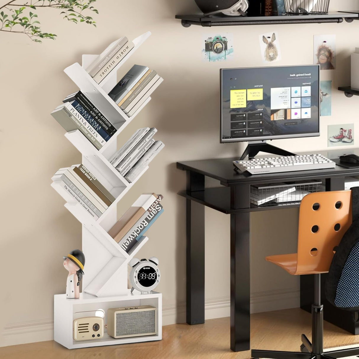 LUSHZLUMBERA Tree Bookshelf - 6 Shelf Retro Floor Standing Bookcase, Tall Wood Book Storage Rack for CDs/Movies/Books, Utility Book Organizer Shelves for Bedroom, Living Room, Home Office, White LUSHZLUMBERA