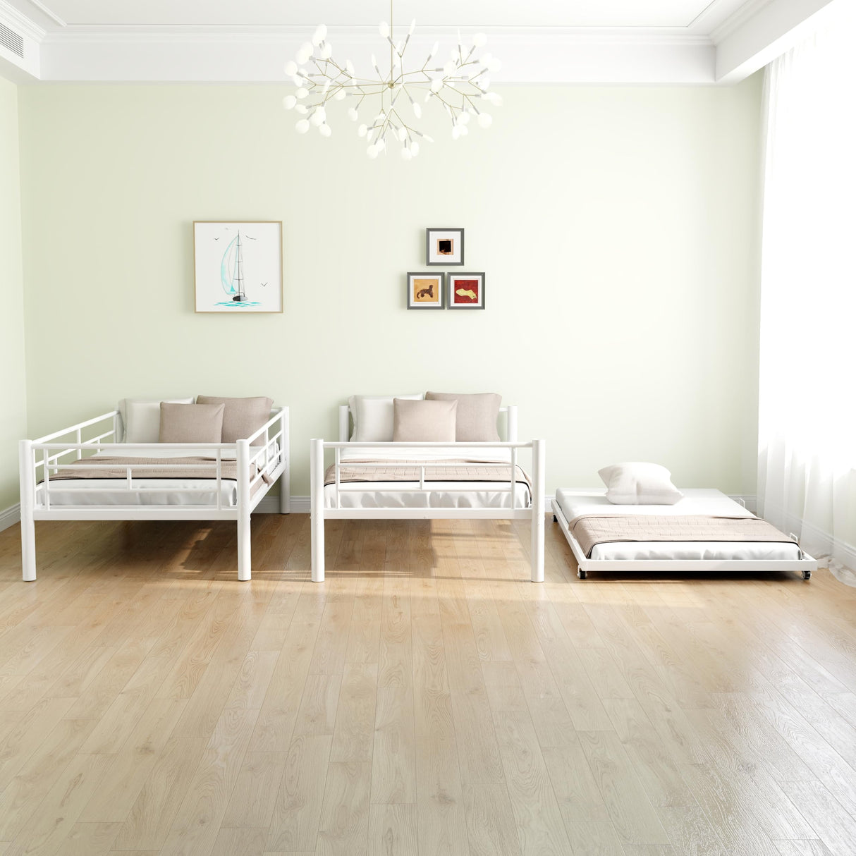 Zyerch Twin Over Twin with Trundle Bunk Bed Frame,Heavy Duty Solid Metal Bunkbed with 2 Ladders and Guardrail,Convertible Bunk Beds,No Box Spring Needed Twin Over Twin Beds Frame for Adults,White Zyerch