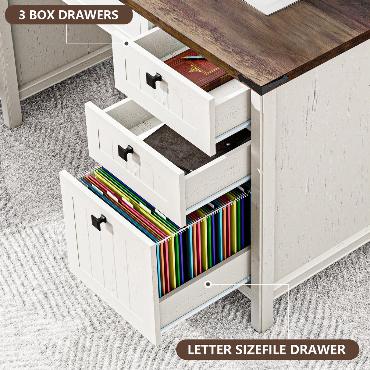 GlowVitaHome Farmhouse Executive Desk 45 inch Wood Computer Desk with 4 Drawers, Smart Charging Station, Home Office & Study Room Essential for Remote Workers, Professionals & Students.Antique White GlowVitaHome