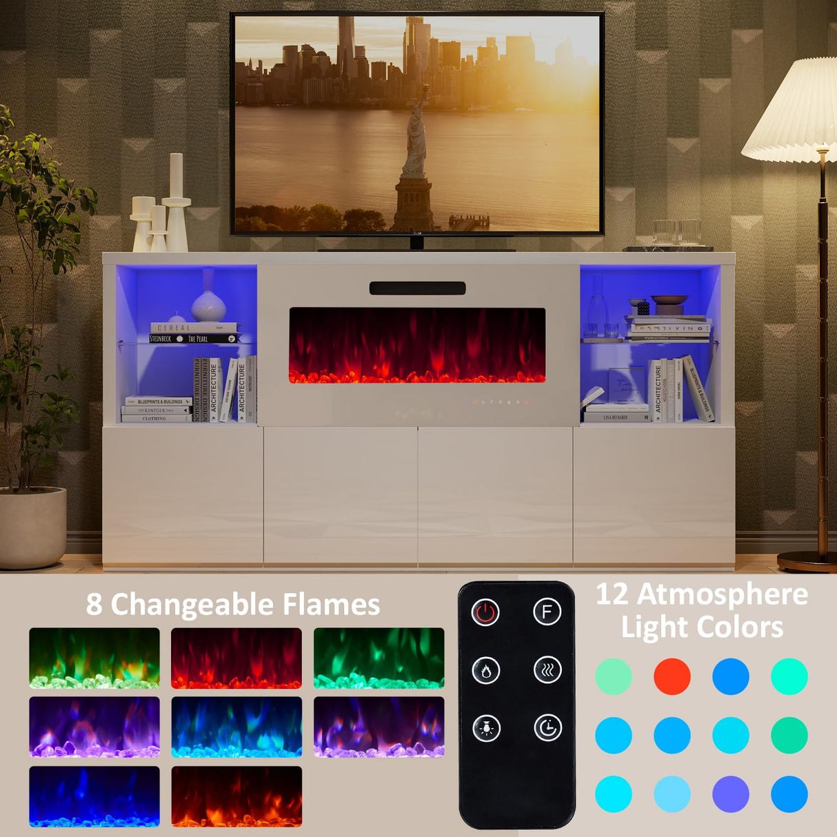 AMERLIFE Modern 3-Piece High Gloss Fireplace TV Stand & Bookcase Set in White AMERLIFE