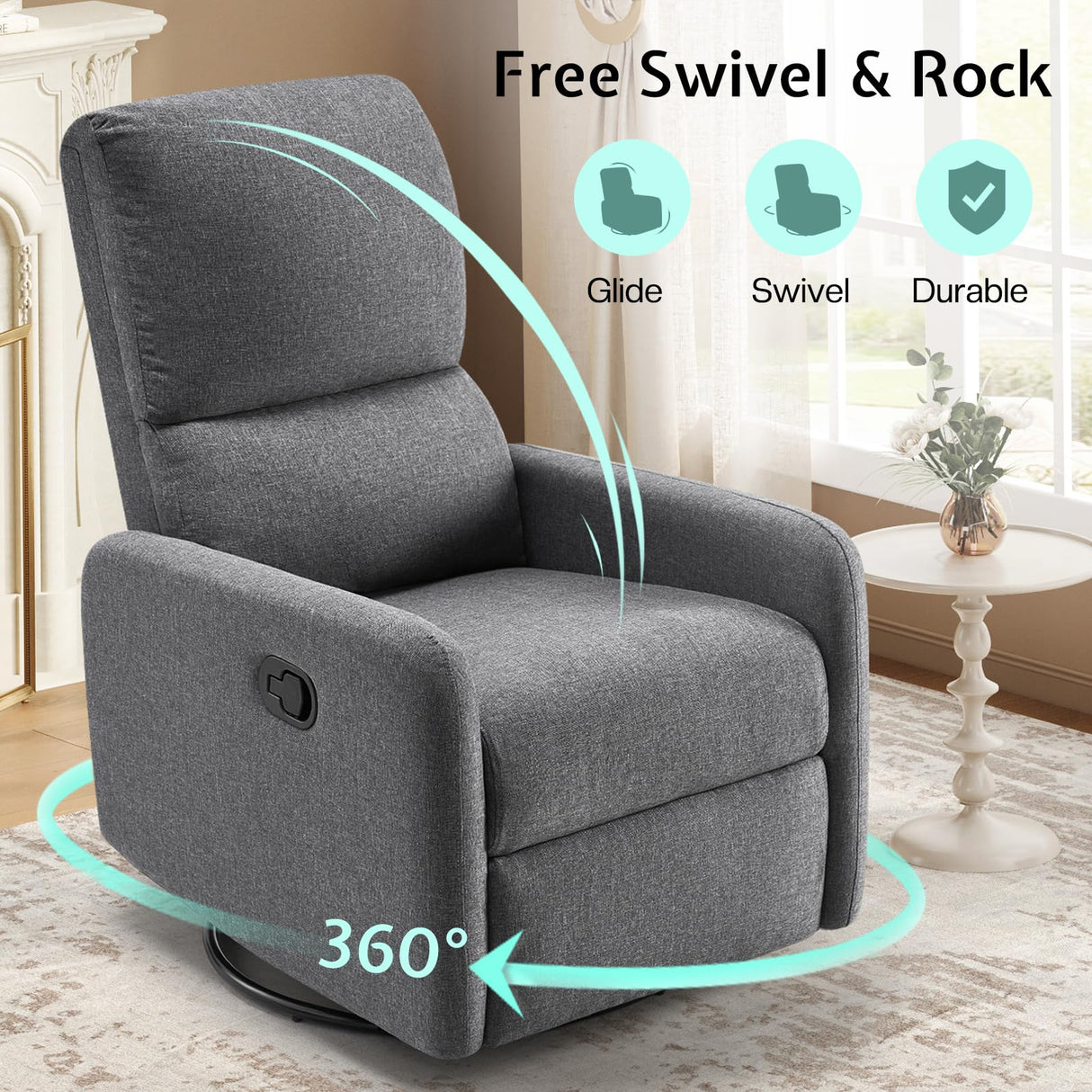 Jocisland Swivel Rocker Recliner Chair for Adults, Nursery Rocking Reclining with High Back, Small Glider for Small Spaces/Living Room/Bedroom/Nursing, Gray Linen Jocisland