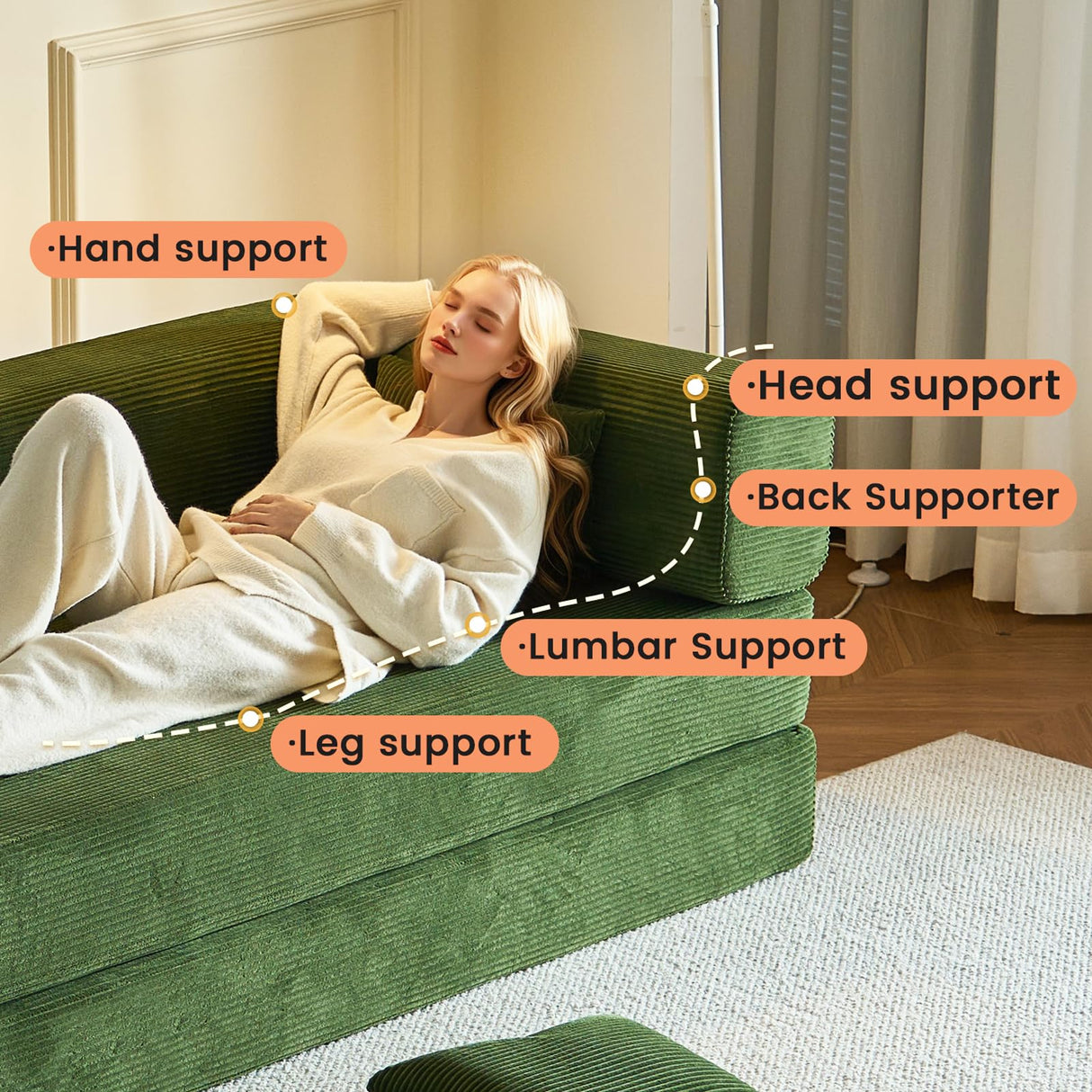 GEARIVY Folding Sofa Bed Convertable Corduroy Couch King Size Floor Sleeper 4-in-1 DIY Combination Modular Sofa Fold Out Futon Lounge Comfy Foldable Lazy cama for Living Room (Green, 80.15") GEARIVY