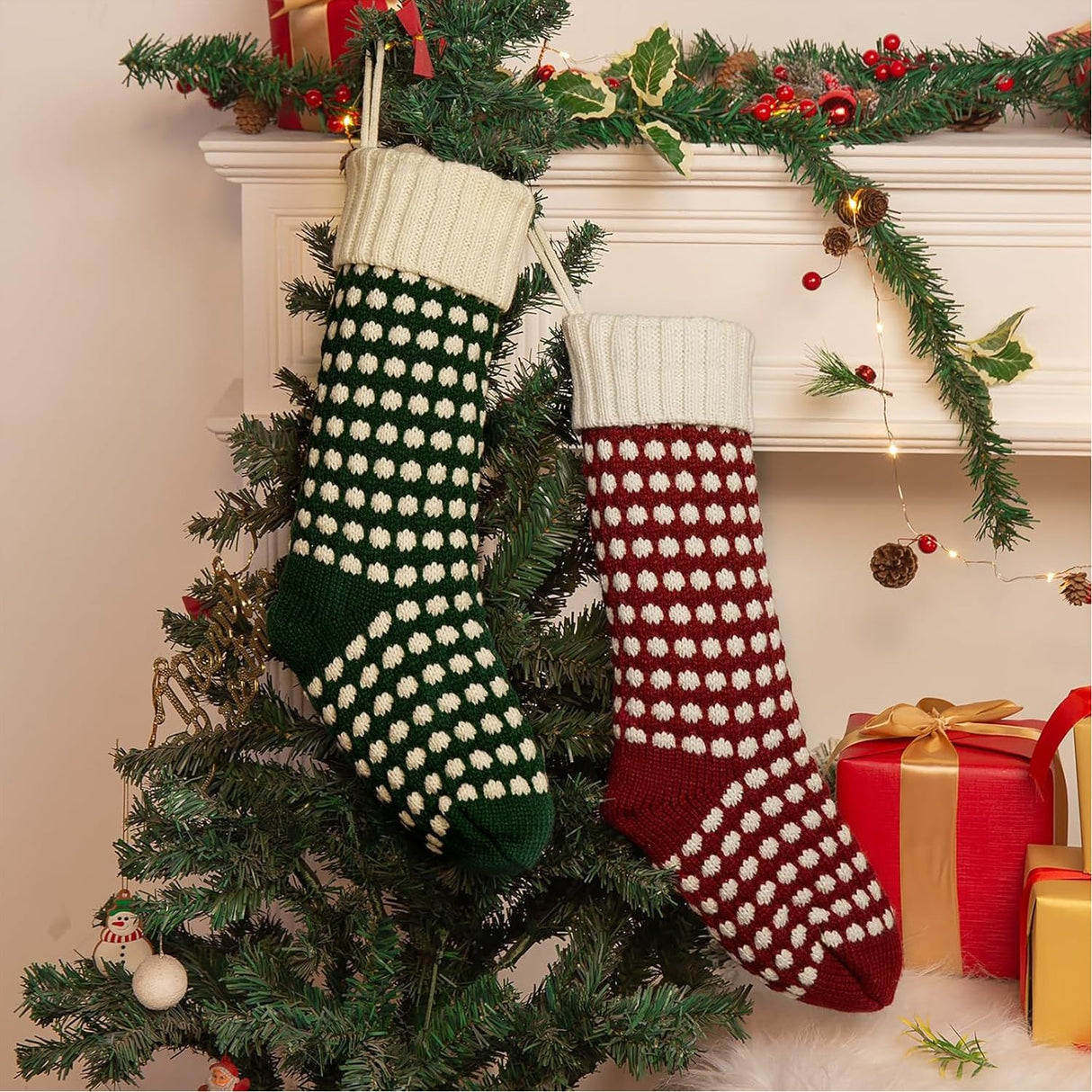 Guojanfon Christmas Stockings ,18" Unique Burgundy and Green Knit Christmas Stockings Dots Style (Length 18",Pack 2) Guojanfon