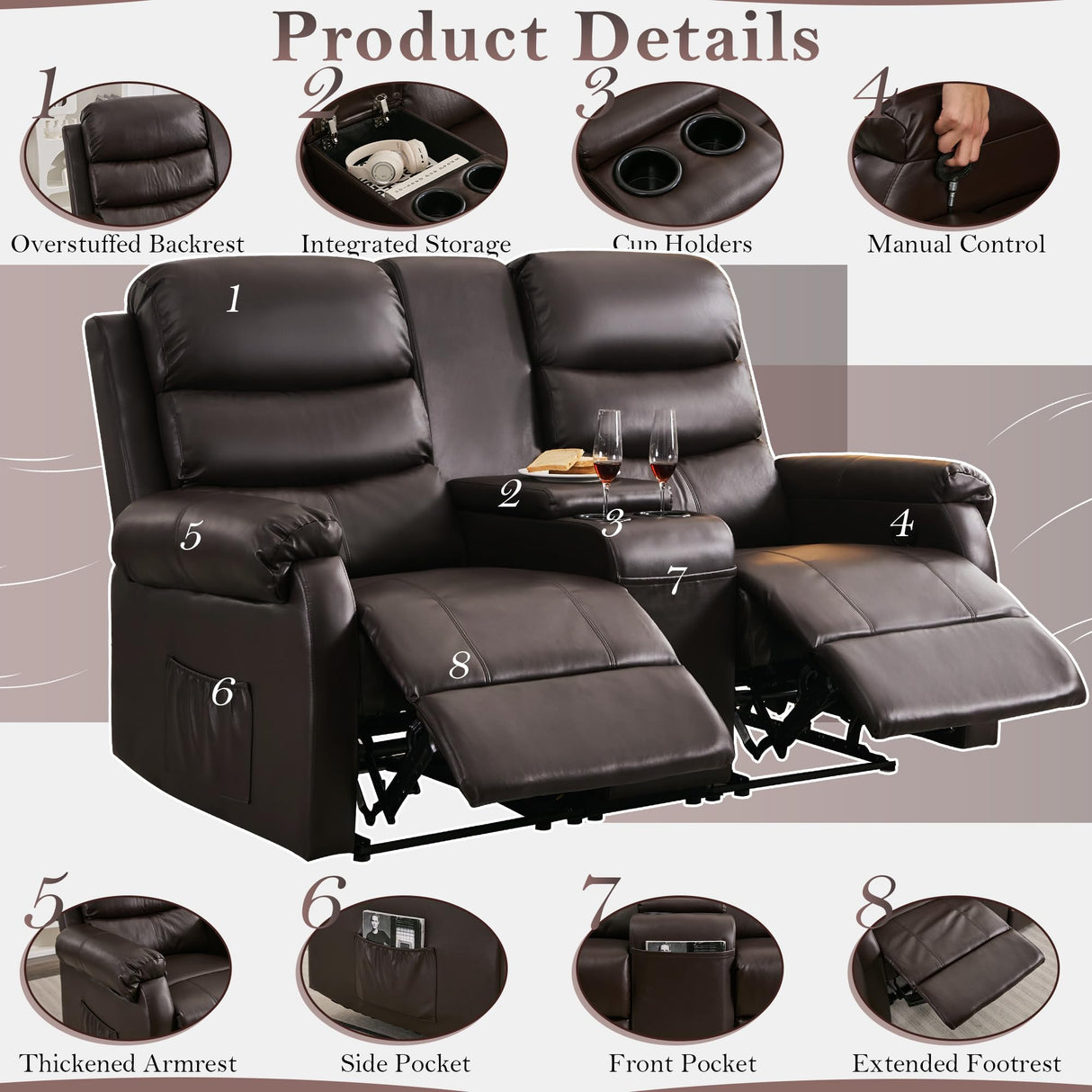 DRMBOOK Reclining Loveseat Sofa, Faux Leather Double Reclining RV Loveseat Couch with Console, Manual 2 Person Recliner, 2 Seater Home Theater Seating with Cup Holders for Living Room (Light Brown) DRMBOOK