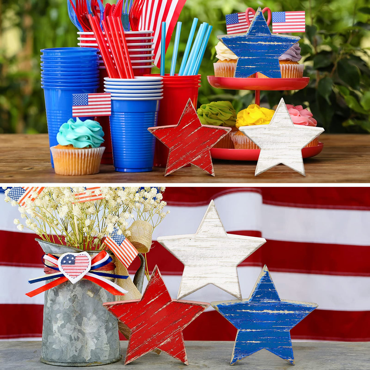 Whaline 4th of July Wooden Star Signs Patriotic Rustic Star Shape Tiered Tray Decor Red Blue White Wood Star Blocks Retro Freestanding Table Signs for Independence Day Farmhouse Home Decor, 3Pcs Whaline
