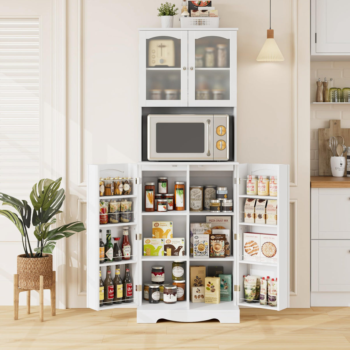 HOSTACK 71'' Pantry Cabinet, Tall Storage Cabinet with Microwave Stand, Freestanding Kitchen Hutch with Doors and Adjustable Shelves, Mordern Food HOSTACK