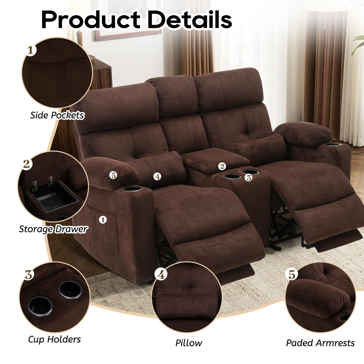 Home Theater Seating Loveseat Recliner Sofa, Power Reclining Couch with Massage & Heat, USB Charging Port, 2 Lumbar Support Pillows, Center Console, Cup Holder, Side Pocket, for RVs, Movie Room P.H.Furn