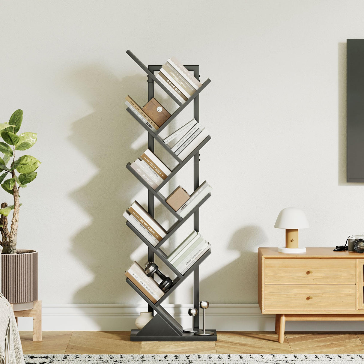 JARHETUN 9 Tier Tree Bookshelf with LED Light, Floor Standing Bookcase, Narrow Bookshelves for Books/CDs/Magazine, Wood Storage Rack for Bedroom, Home Office, Living Room, Black JARHETUN