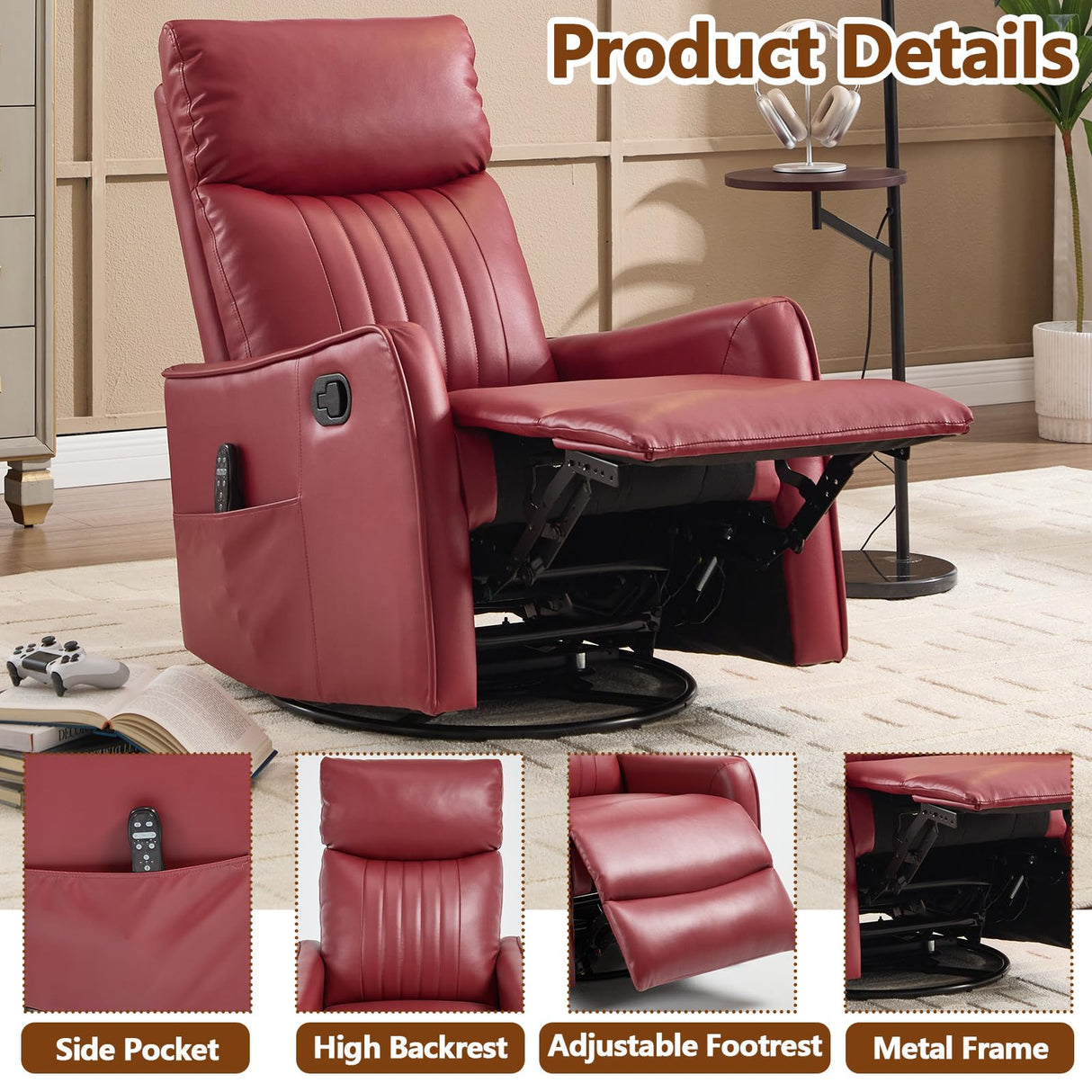 Massage Chair Recliner with Heat, Swivel Rocking Chair Recliner with Gliding Motion, PU Leather Lazy Boy Recliners for Adults,Small Recliner Chair for Small Spaces (PU Leather, Red) anwickjeff