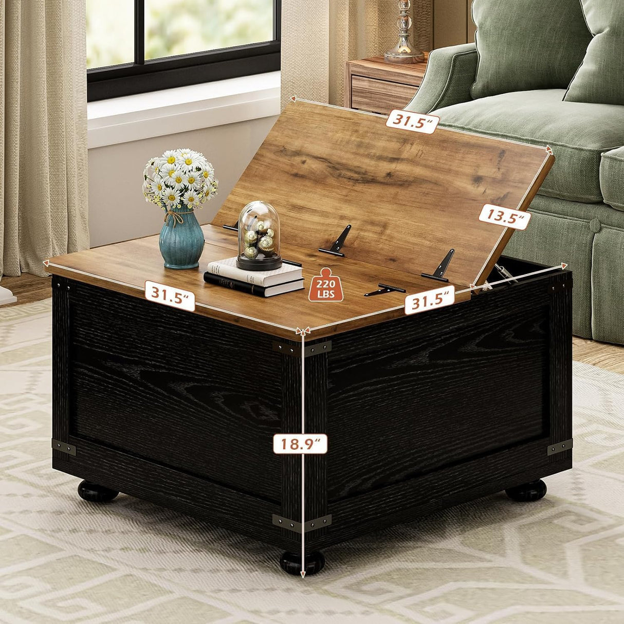 MaverickFurni Farmhouse Coffee Table with Storage, Lift Coffee Tables for Living Room, Square Coffee Table with Wood Gourd Feet and Hydraulic Gas Rod (Black) MaverickFurni