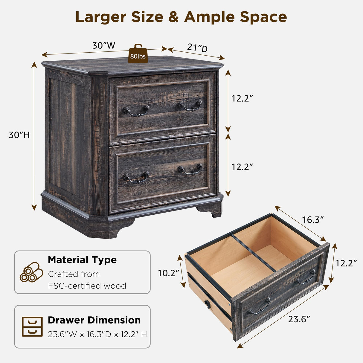 T4TREAM 30" Farmhouse Nightstand Set of 2 w/Wooden Tabletop, Large End Table, 2 Spacious Drawers Bedside Table w/Framed Drawer Fronts Design, Side Table for Bedroom, Living Room, Dark Rustic Oak T4TREAM