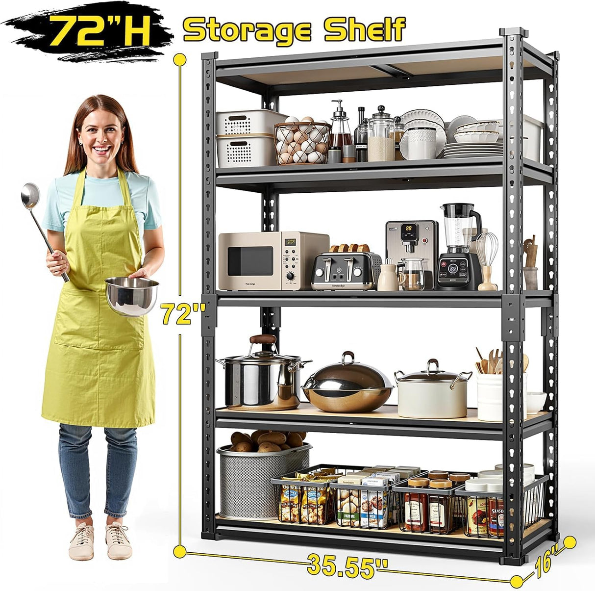 TigerParty 2050LBS Heavy Duty Garage Shelving, 5-Tier Adjustable Storage Shelves, Metal Shelving Unit and Storage Rack for Pantry, Basement, Warehouse, 72" H x 36" W x 16" D, MDF Borad TigerParty