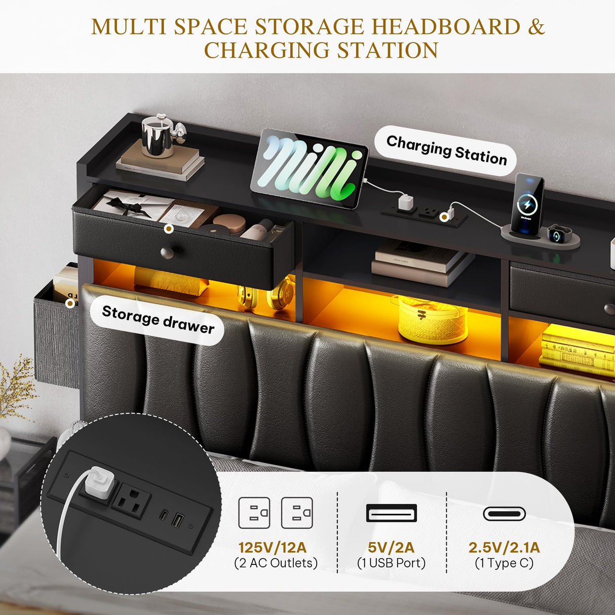 YITAHOME King Size with 2 Storage Drawers and Charging Station, Upholstered Bed with Storage Headboard and LED Light, Heavy Duty Metal Frame Support, No Box Spring Needed, Noise Free, PU Leather Black YITAHOME