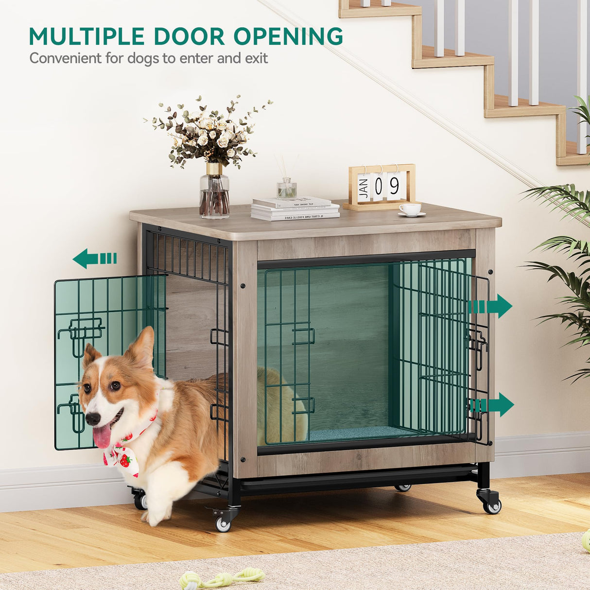 YITAHOME Dog Crate Furniture with Cushion, Dog Kennel Indoor with Wheels, Dog Crate End Table with Tray, 27" Dog Cage with Double Doors for Small Dog (Gray) YITAHOME