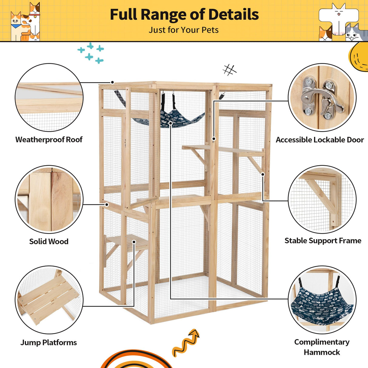 COZIWOW Catio Outdoor Cat Enclosure Window Access, Wooden Cat House Shelter, Kitty Cage with Hammock for Patio Indoor (Wood) COZIWOW