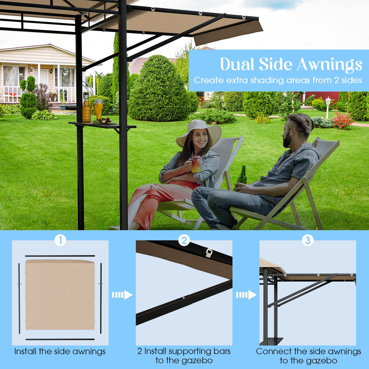 Tangkula 13.5x4 Ft Grill Gazebo with Dual Side Awnings, Double Tier BBQ Gazebo with 2 Side Shelves, Heavy-Duty Steel Frame, CPAI-84 Barbecue Grill Gazebo Shelter for Patio, Garden, Beach, Terrace Tangkula