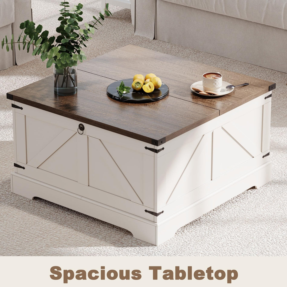 ChooChoo Farmhouse Coffee Table with Hidden Storage, Large Square Center Coffee Table with Lifting Top and Flip Drawer, Wood Rustic Cocktail Coffee Table for Living Room, Soft White ChooChoo