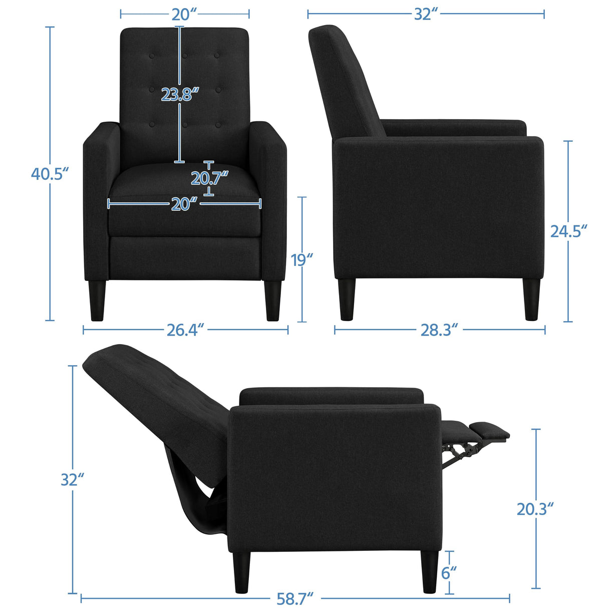 Yaheetech Fabric Recliner Chair Mid-Century Modern Recliner Adjustable Single Recliner Sofa with Thicker Seat Cushion Tufted Upholstered Sofa with Pocket Spring for Living Room Bedroom Black Yaheetech