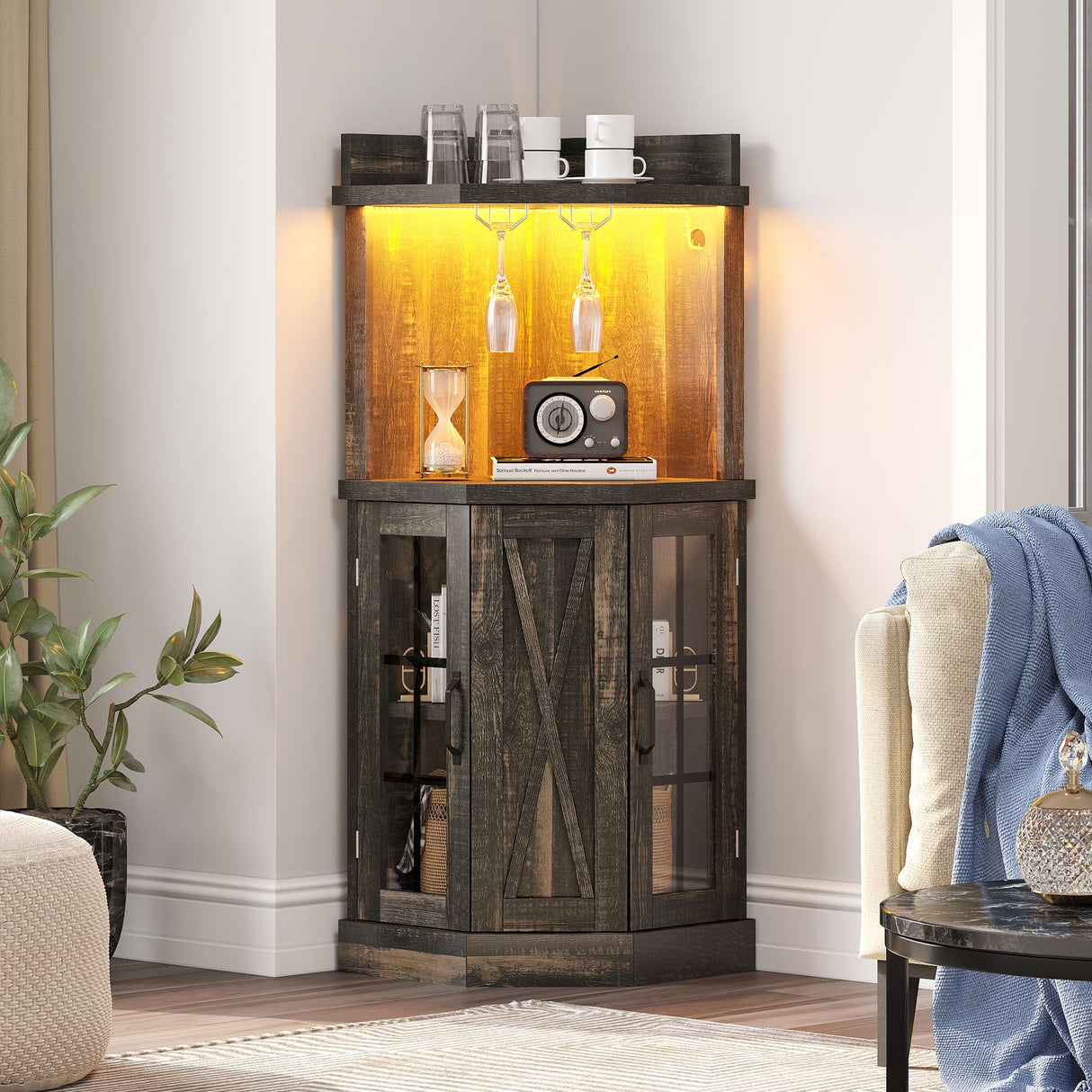 DWVO 53" Corner Bar Cabinet with Glass Door & LED Lights, Farmhouse Wine Cabinet with Glass Holder, 4-Tiers Liquor Cabinet Bar for Home Kitchen, Dining Room, Living Room, Dark Rustic Oak DWVO