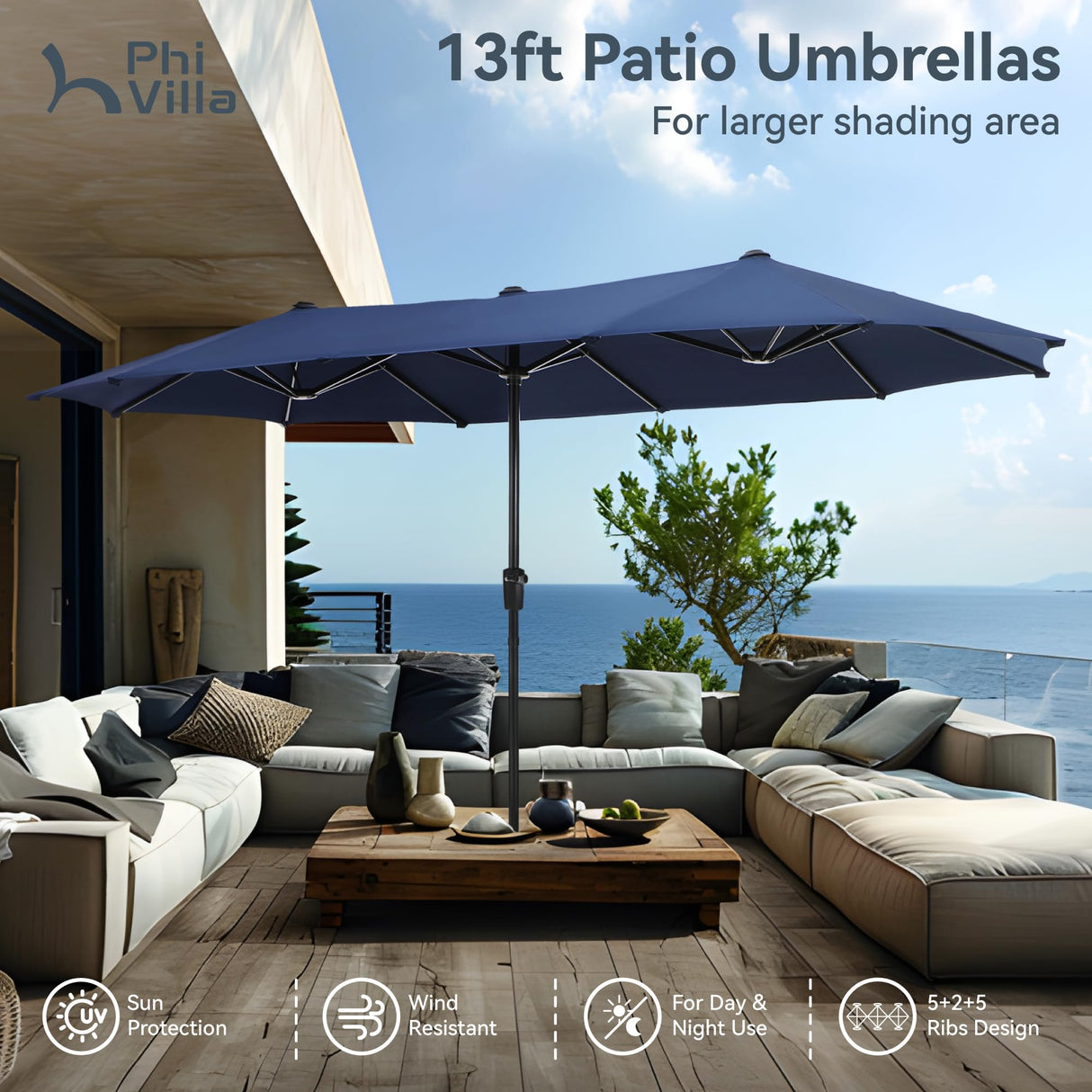 PHI VILLA 13ft Outdoor Market Umbrella Double-Sided Twin Large Patio Umbrella with Crank, Navy Blue PHI VILLA