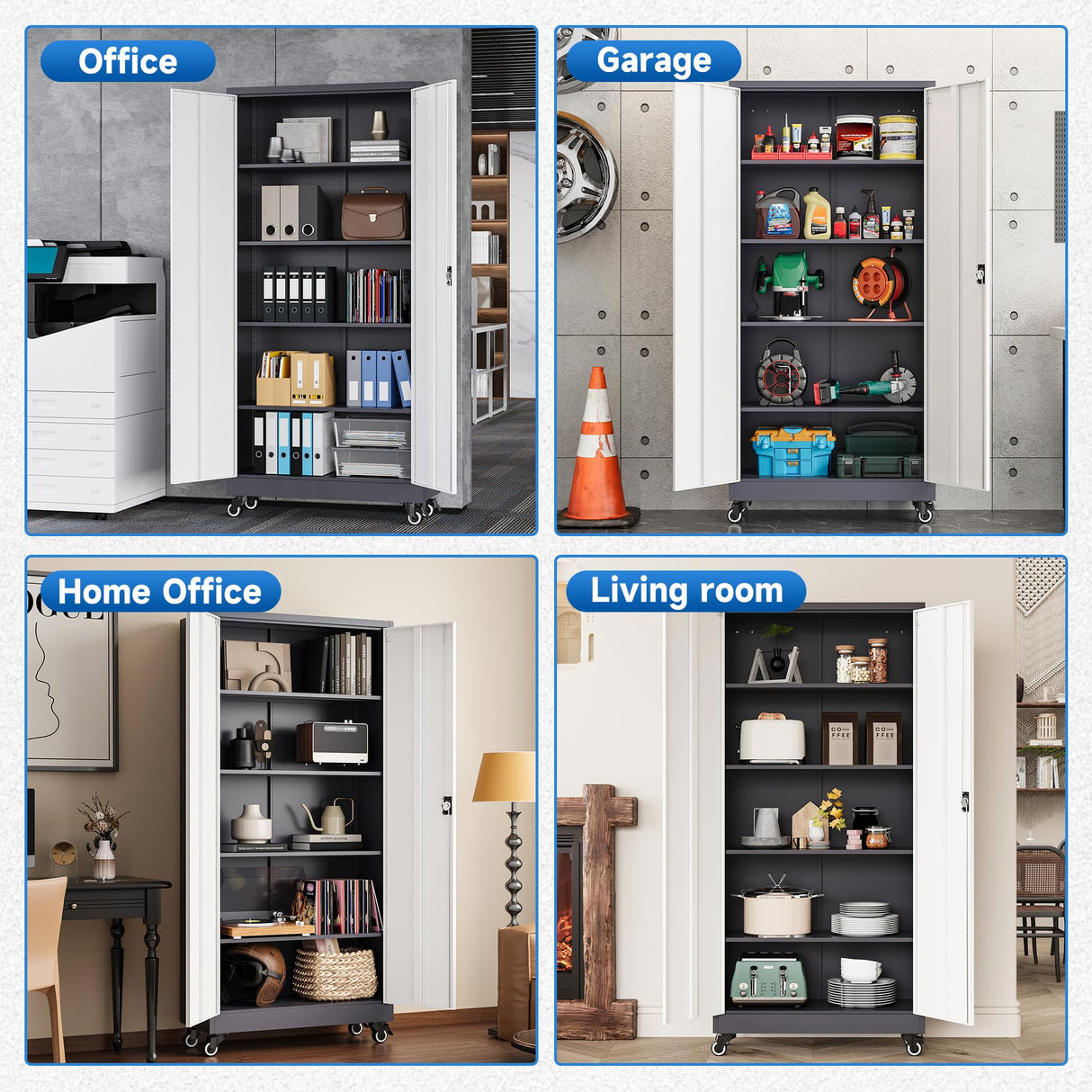 Metal Locking Storage Cabinet with Wheels, 2 Doors and 4 Adjustable Shelves, 73" Tall Rolling Garage Storage Cabinet with Lock for Home Office, Pantry, Tool Organizer (Gray White, 73"H -2 Door) heycode