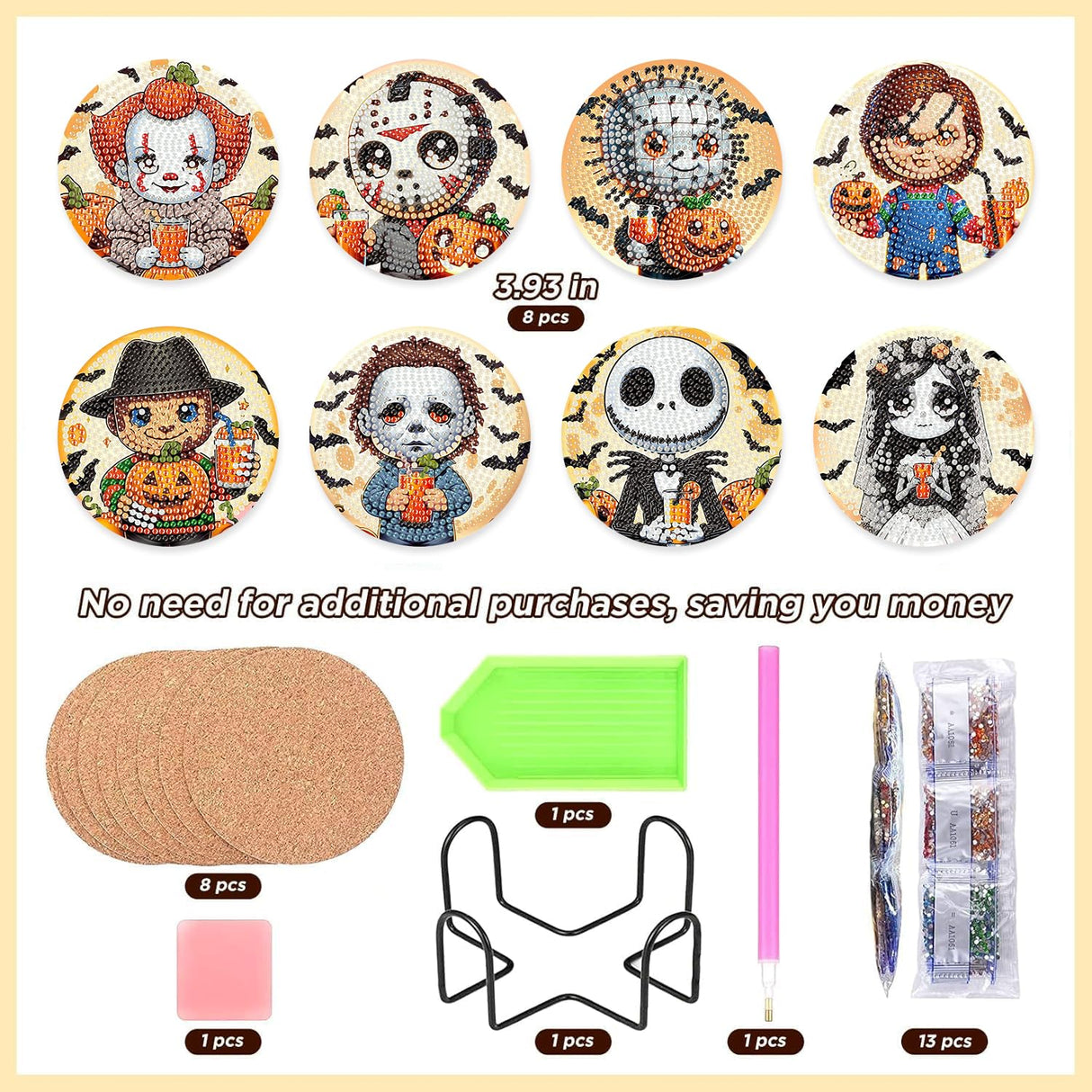8 Pcs Halloween Diamond Painting Coasters Kits with Holder,DIY Horror Cute Diamond Art Coasters for Adults Beginnners,5D Full Round Drill Gem Painting Craft Art Kits for Supplies Gift 4X4 Inch. MBNTJHT