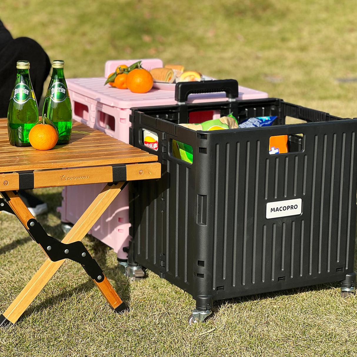 MACOPRO Folding Utility Cart Portable Rolling Crate Handcart Shopping Trolley Collapsible Tool Box, with Lid, Basket on 4 Rotate Wheels, for Grocery, Office, Luggage, Teacher (Black) MACOPRO