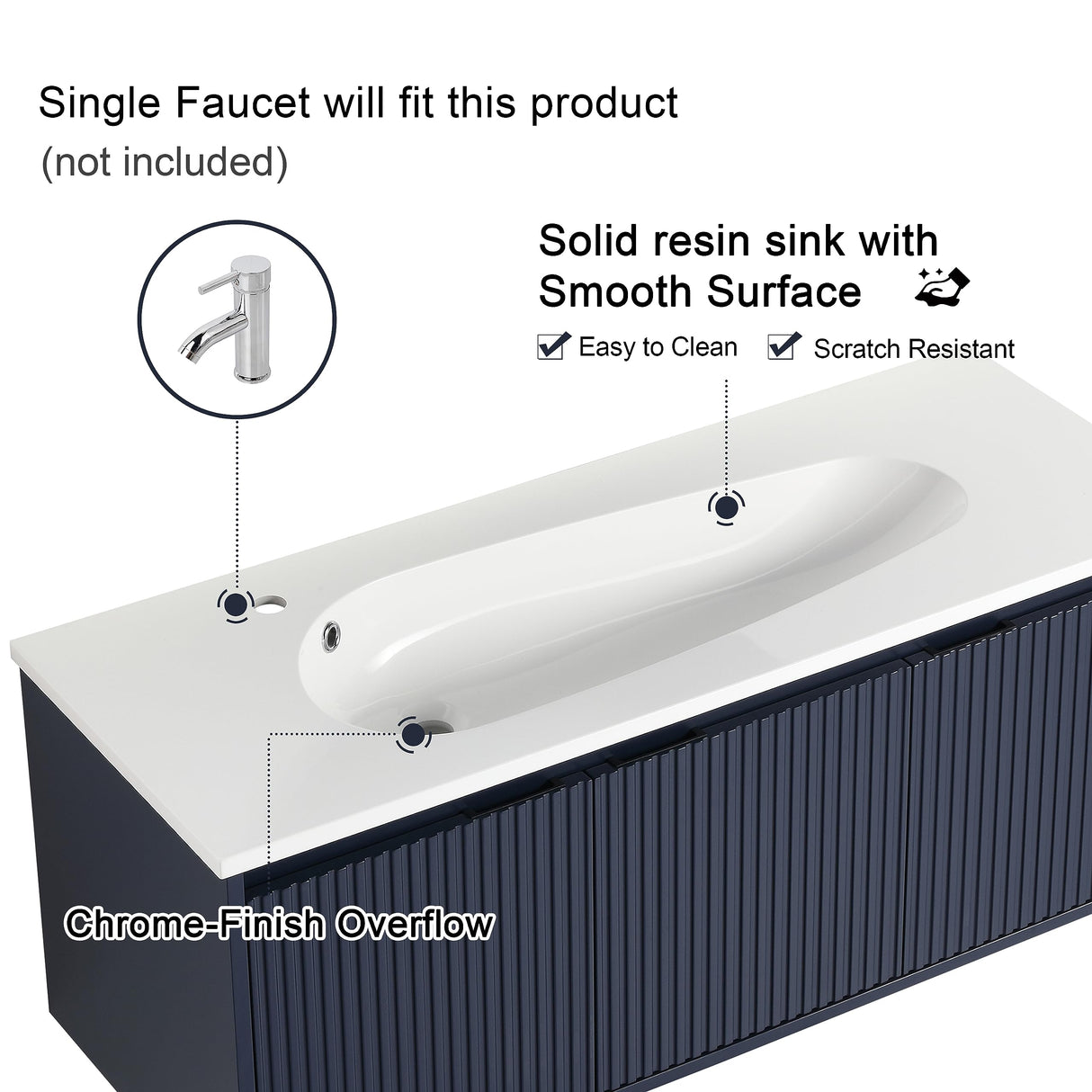 Malwee 48 Inch Floating Bathroom Vanity with Sink, 48'' Single Sink Wall Mounted Bathroom Vanity, with 3 Doors and White Waterdrop Gel Coat Basin (058-48 * 18, NBL) Malwee