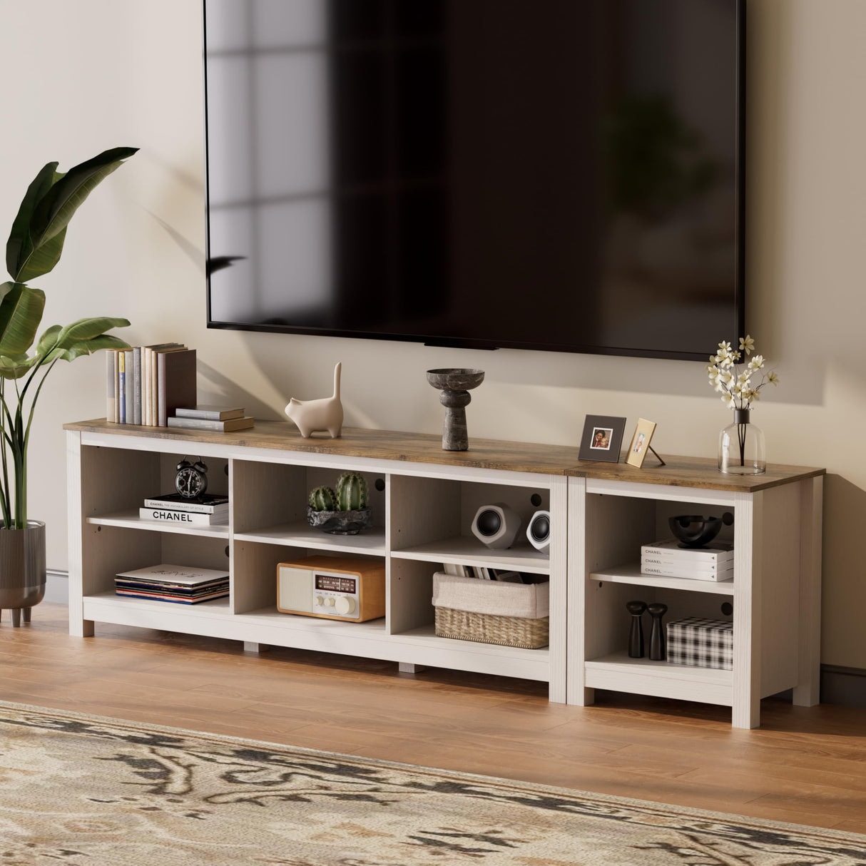 BVIUNTWO TV Stand for 85 Inch TV, White Entertainment Center for 80 inch TV Console Table with 8 Cubby Storage for Living Room Bedroom BVIUNTWO