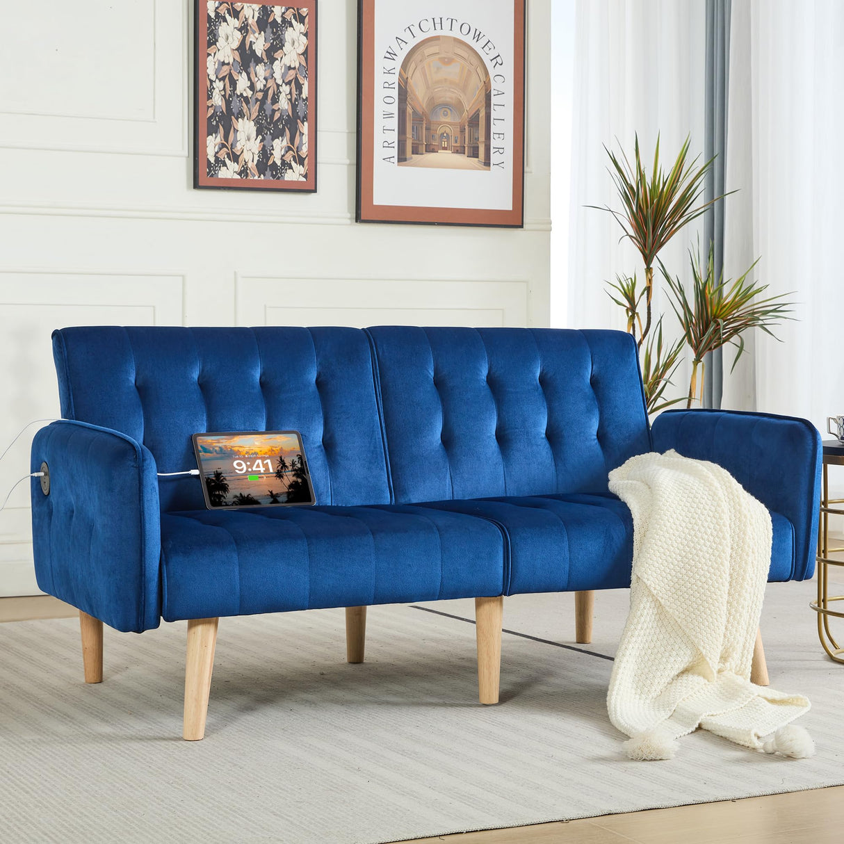 TYBOATLE 65" W Velvet Modern Convertible Folding Futon Couch Sofa Bed w/ 2 USB Charging Ports for Compact Living Space, Small Couches for Office, Dorm, RV Room, Apartment, Bedroom (Navy Blue) TYBOATLE