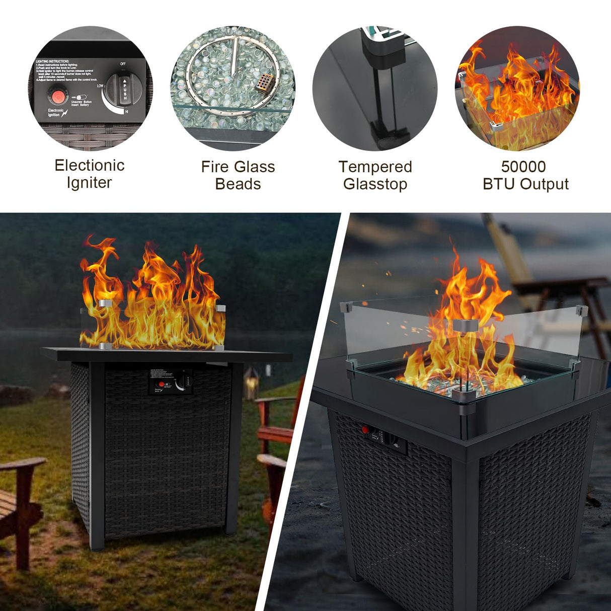 Ophelian 8-Piece Patio Furniture Rattan Wicker Outdoor Set Sectional Sofa with 28" Gas Fire Pit Table and Cushions, Conversation Set for Backyard, Patio, Garden, Brown/Beige Ophelian