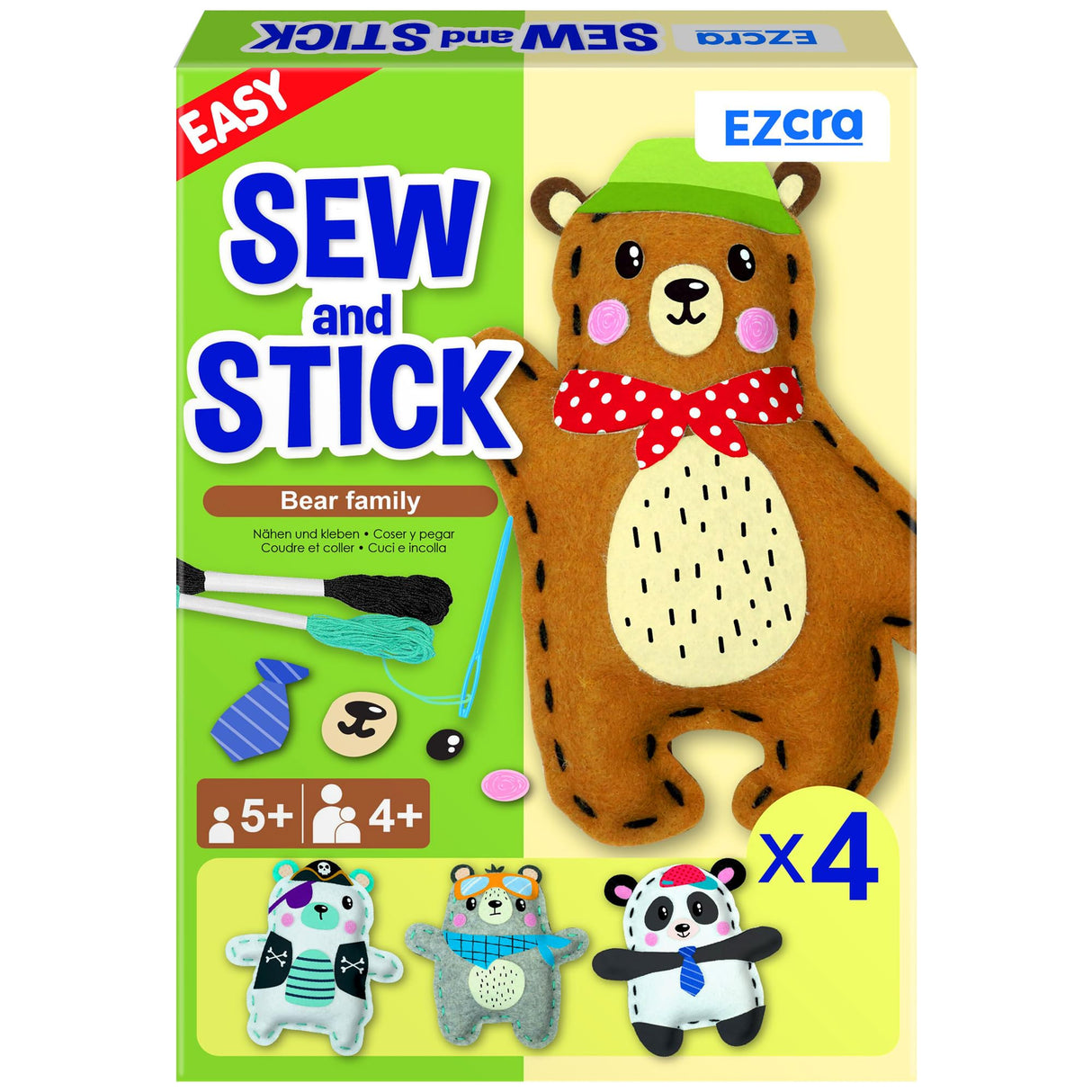 EZCRA Easy Arts and Crafts for Kids - No Mess Sewing Kit for Kids - 4 Easy to Do Bear Sewing Projects - Fun Felt Stickers - Tools with Instruction - Gifts for Boys and Girls Age 4,5,6,7,8 EZCRA