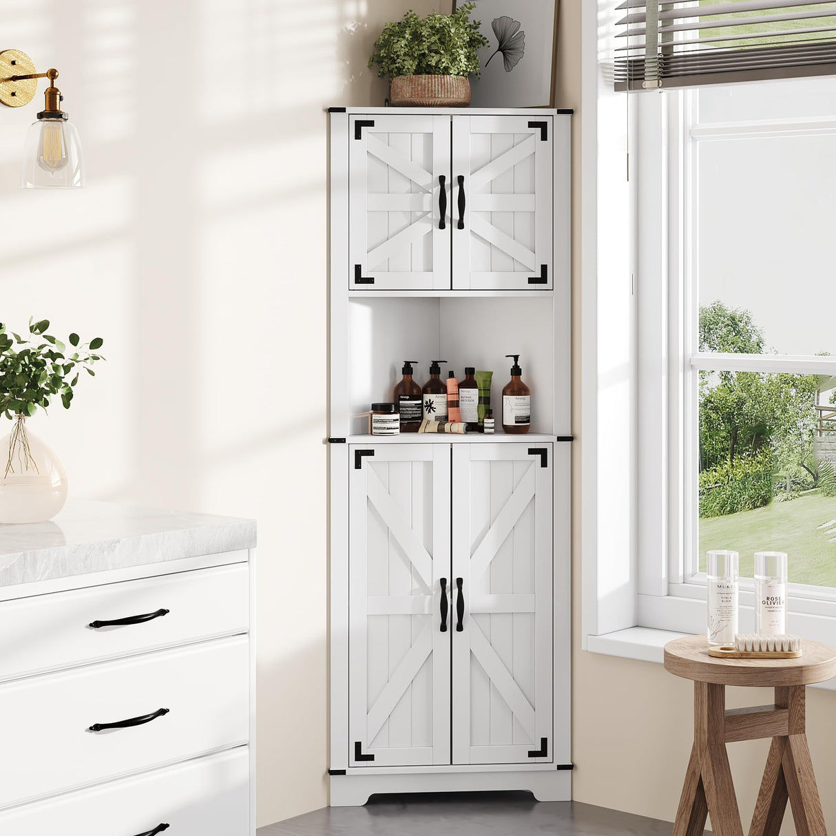 Maupvit 68" Tall Corner Cabinet with 4 Barn Doors & Adjustable Shelves, Farmhouse Bathroom Cabinet with Storage, Home Space Saver Corner Display Shelves for Living Room, Kitchen, Bathroom, White Maupvit