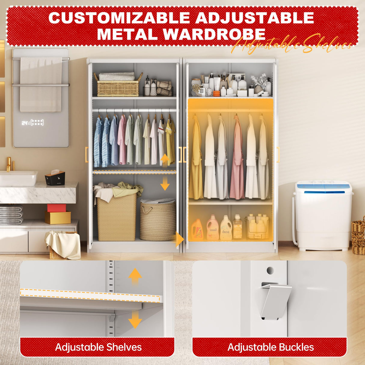 Superday Metal Wardrobe Closet, 72" H Bedroom Armoires with Wooden Handle, Storage Cabinet with Adjustable Shelves and Hanging Rods, Steel Storage Locker Closet for Home, Office, Employee, Gym (White) Superday