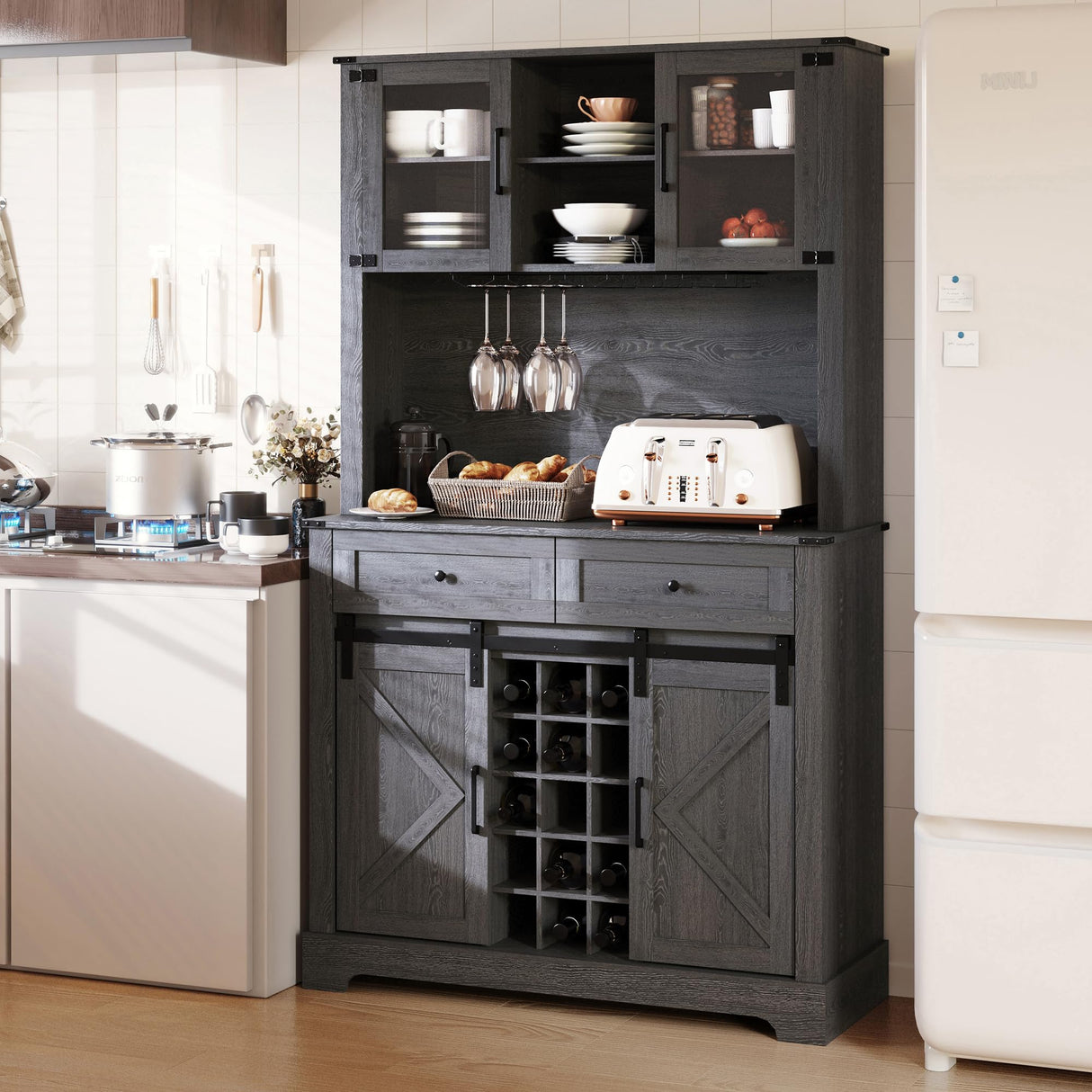 ARTPOWER Wine Bar Cabinet with Sliding Barn Door, 72" Hutch Cabinet with Wine&Glasses Rack, Tall Farmhouse Kitchen Pantry Buffet with Drawers for Dining Room, Gray ARTPOWER