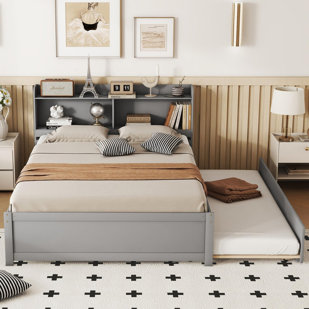 Harper & Bright Designs Full Size Bed Frame with Trundle, Full Size Platform Bed with Twin Trundle Under, Grey Harper & Bright Designs