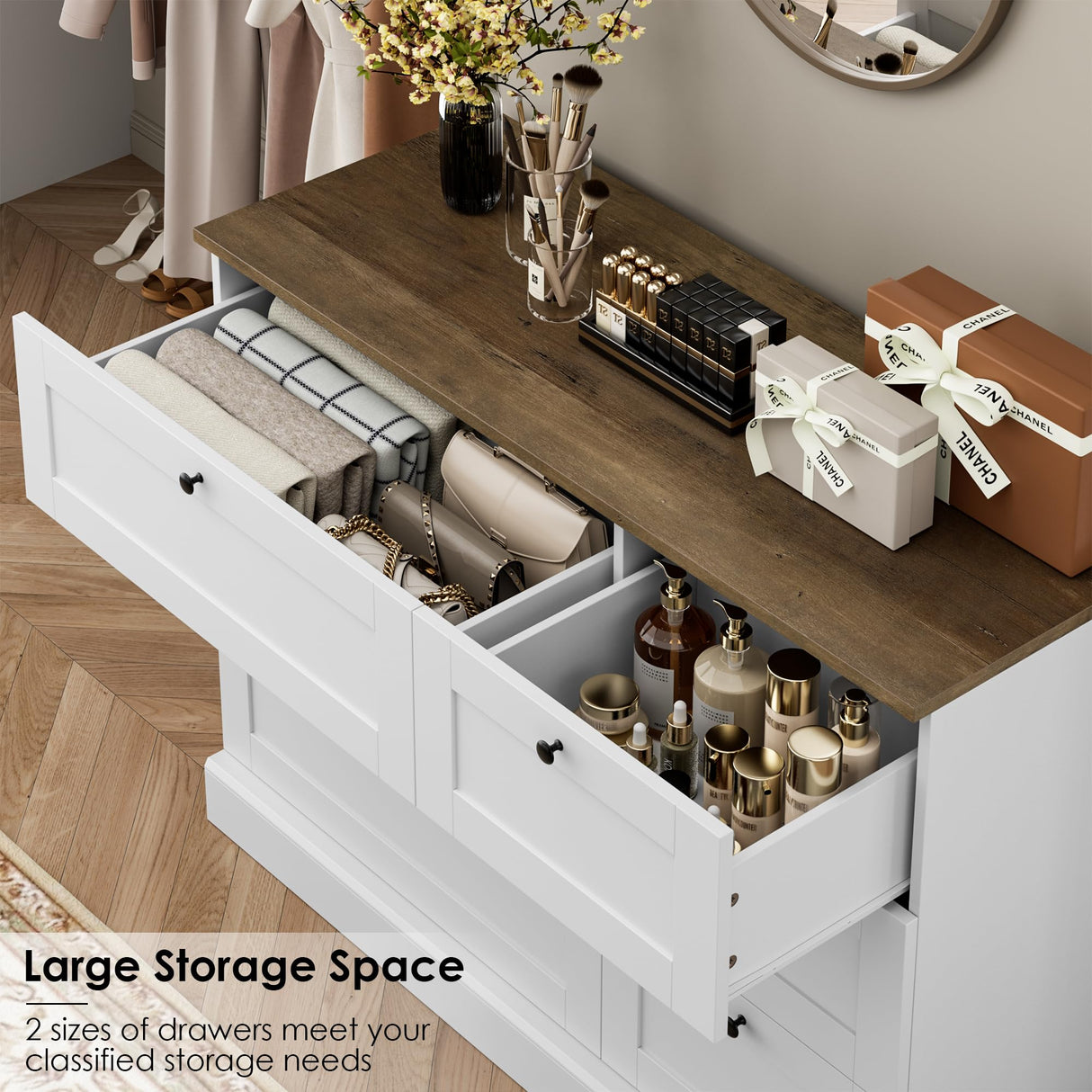 HOSTACK 6 Drawer Dresser, White Dresser for Bedroom, Wood Chest of Drawers, Wide Double Dresser, Modern Farmhouse Drawer Chest for Living Room, Hallway, Entryway, White/Rustic Brown HOSTACK