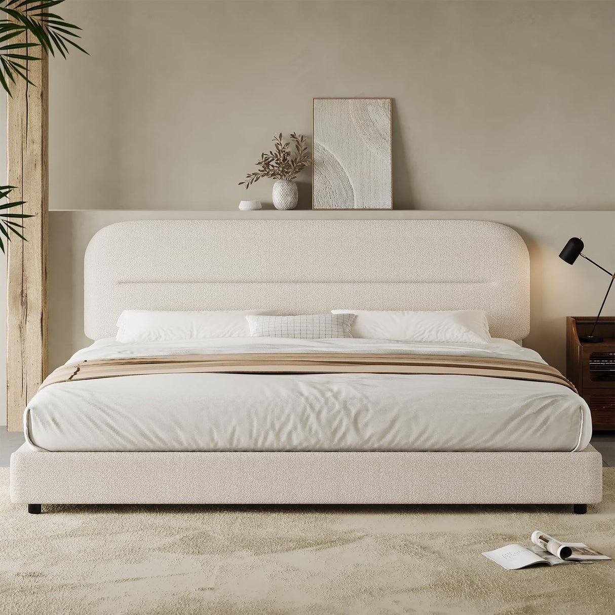King Size Boucle Bed Frame, Upholstered Cloud Bed Frame with Headboard, Soft Platform Bed Frame with Thickened Footboard, Rounded Corners, No Box Spring Required, Easy Assembly, Cream HOMBCK