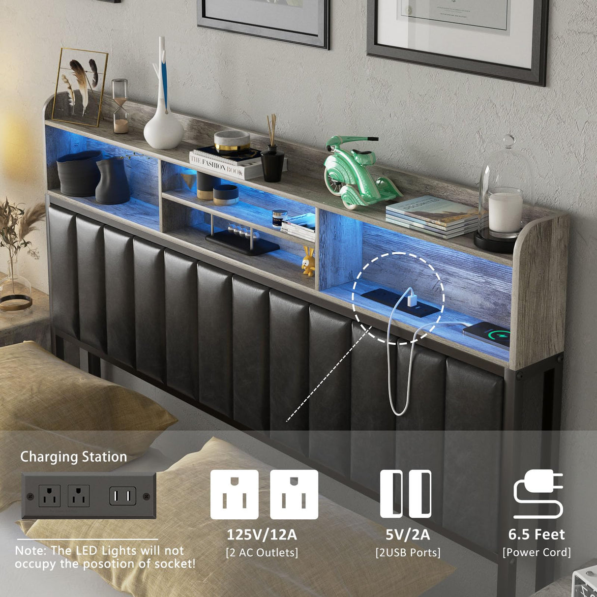 Halitaa LED Queen Bed Frame with Charging Station and Upholstered Bookcase Headboard in Wash Grey Halitaa