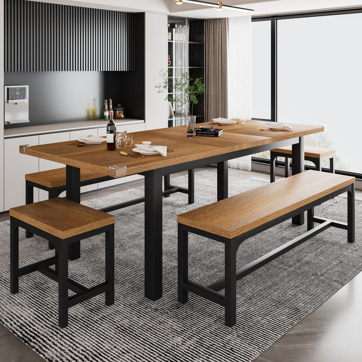 iPormis 5-Piece Dining Table Set for 4-8 People, Extendable Kitchen Table Set with 2 Benches and 2 Square Stools, Mid-Century Dining Room Table with Metal Frame & MDF Board, Saving Space, Walnut iPormis