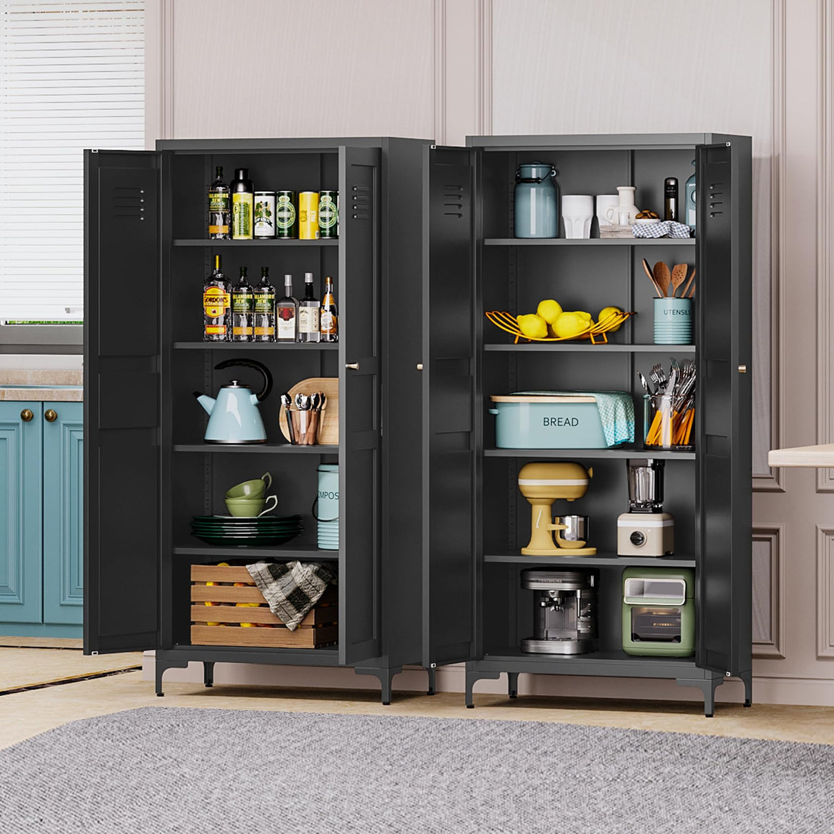 BYNSOE Kitchen Pantry Storage Cabinet with Adjustable Shelves Metal Cupboard Storage Cabinet with Adjustable Feet Pantry Cabinet for Kitchen, Living Room Dinning Room Bathroom. (Black, 61 inch) BYNSOE