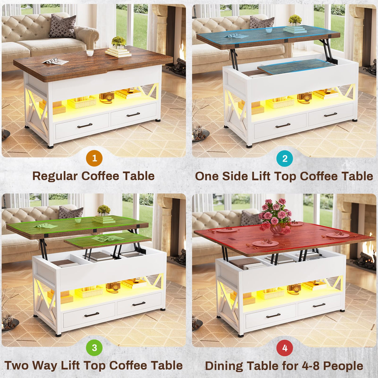 Itaar 40" Lift Top Coffee Table, 4 in 1 White Coffee Tables with Storage for Living Room, Small Coffee Table with 2 Drawers & LED Light for Dining Room, White and Rustic Brown Itaar