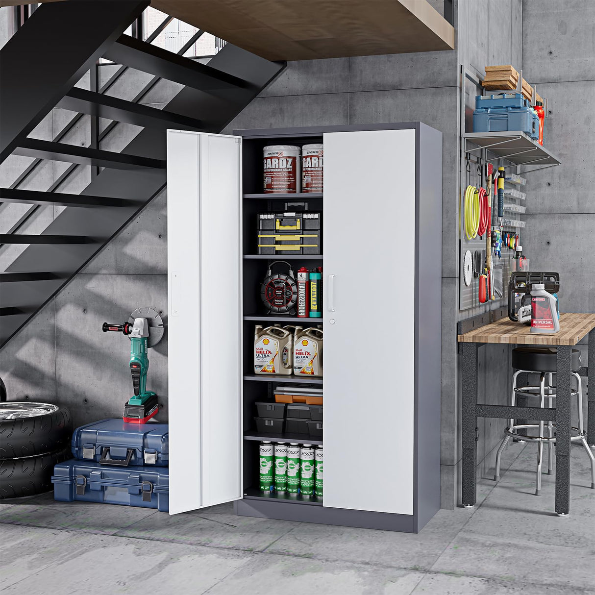 ZAOUS Garage Storage Cabinet, 72'' Tall Metal Storage Cabinets with Lock and 5 Adjustable Shelves for Home, Office, Warehouse, Grey & White ZAOUS