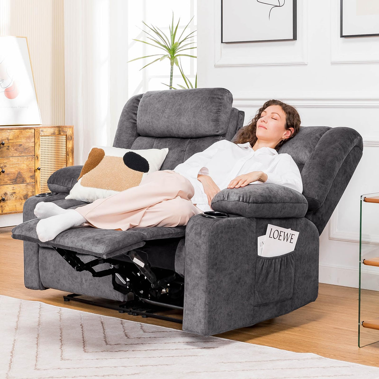 COMHOMA Manual Recliner Couch,Fabric Reclining Sofa Chair with Cup Holders, Upholstered ReclinerChair Set with Side Pockets Suitable for Living Room Furniture (2) COMHOMA