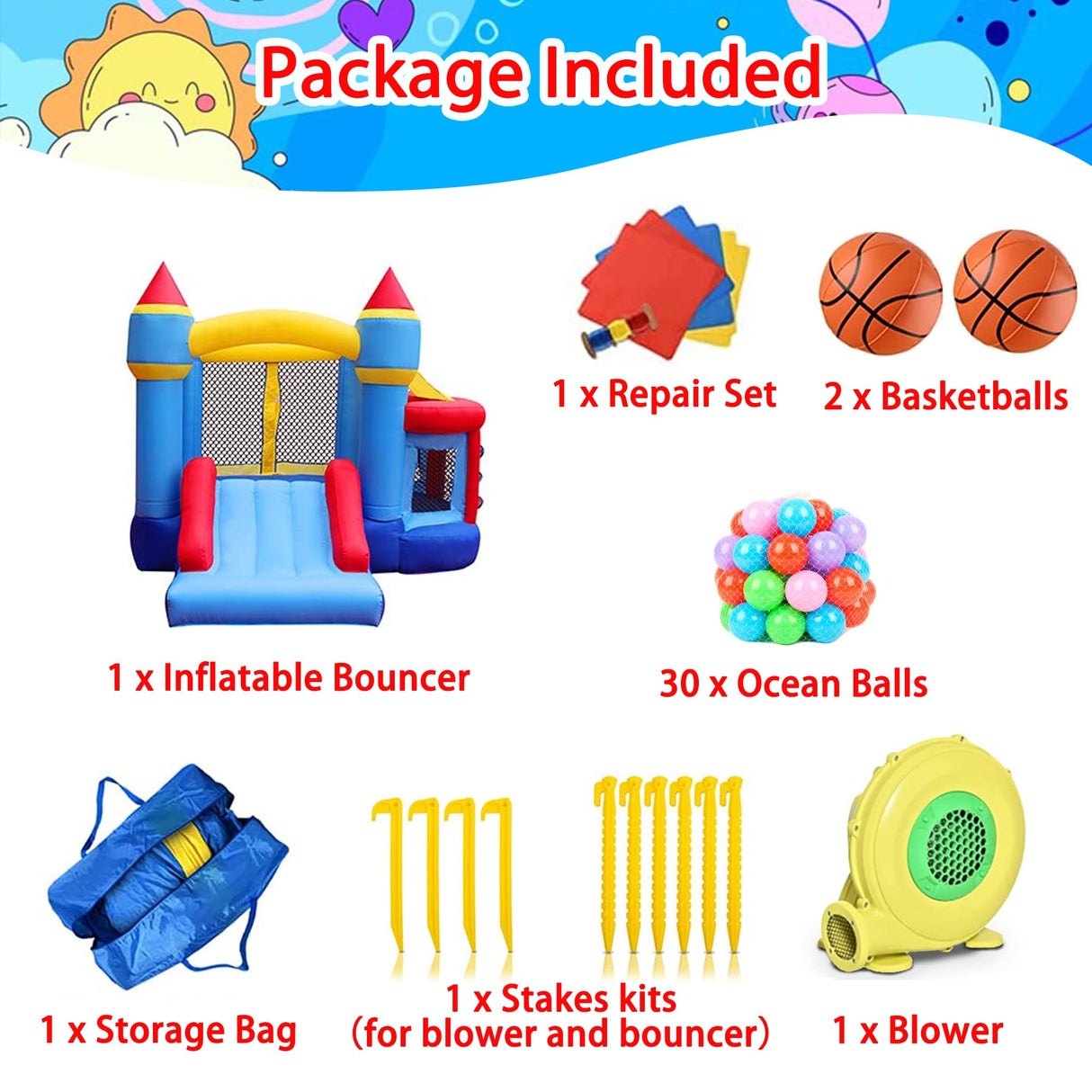 RETRO JUMP Inflatable Bounce House, Bouncy House for Kids Outdoor, Inflatable Kids Bounce House with Jumping Ball Pit & Basketball Hoop, Ocean Balls, Blower, Patch Kits, Stakes, Carrying Bag RETRO JUMP