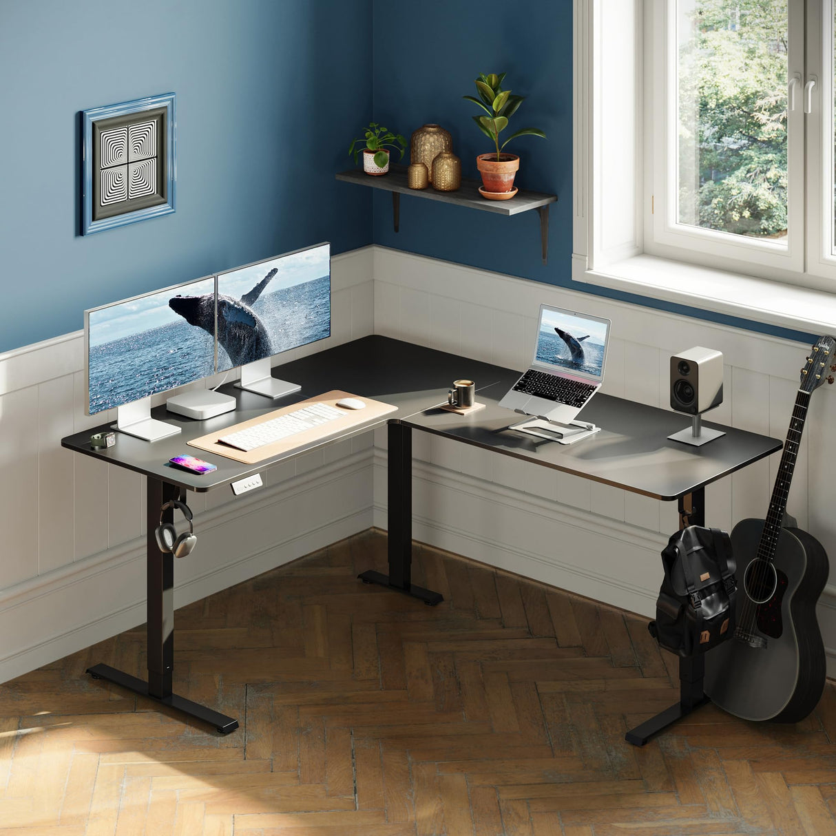 Cubiker 63" L Shaped Standing Desk, Adjustable Corner Standing Desk L Shape with Splice Board, Black Cubiker