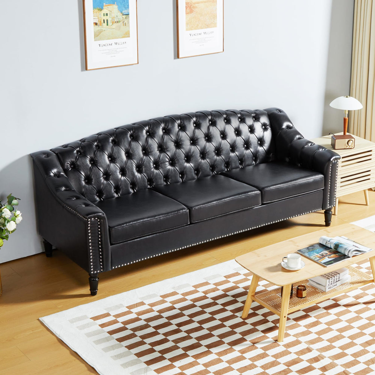 SUJOUCRAFT Chesterfield Camelback Loveseat & 3 Seater Sofa, Mid-Century Living Room Leather Upholstered Leather Sofa Sets, Sofa Couch Sectional with Deep Seat Tufted Backrest (PU-Camelback-2+3, Brown) SUJOUCRAFT