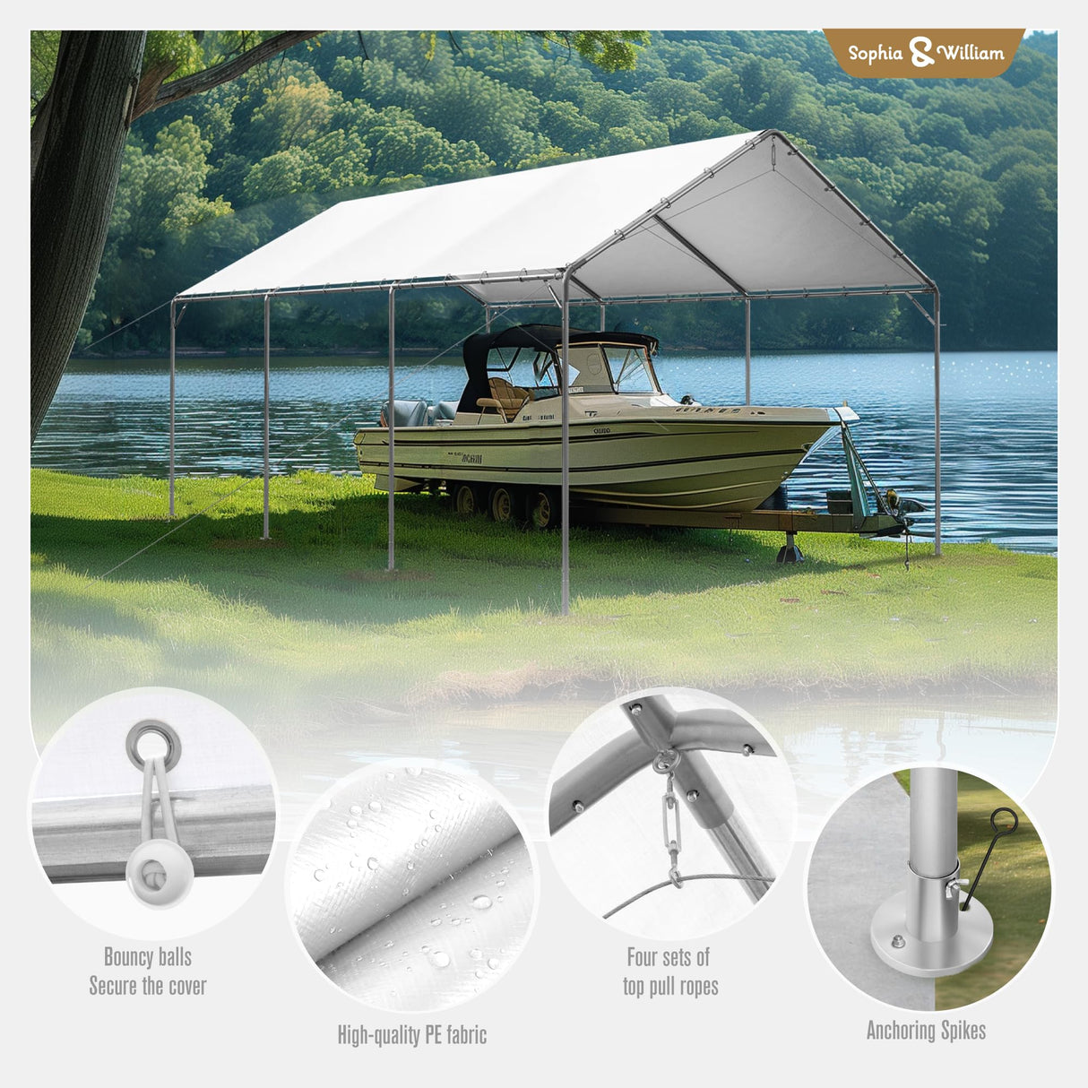 Carport Car Port Canopy 12x20 ft Heavy Duty, Portable Garage Shelter Logic Car Tents Carpas para Carros All Weather for Truck Boat, Galvanized Steel Frame Carports Height Adjustable White Sophia & William