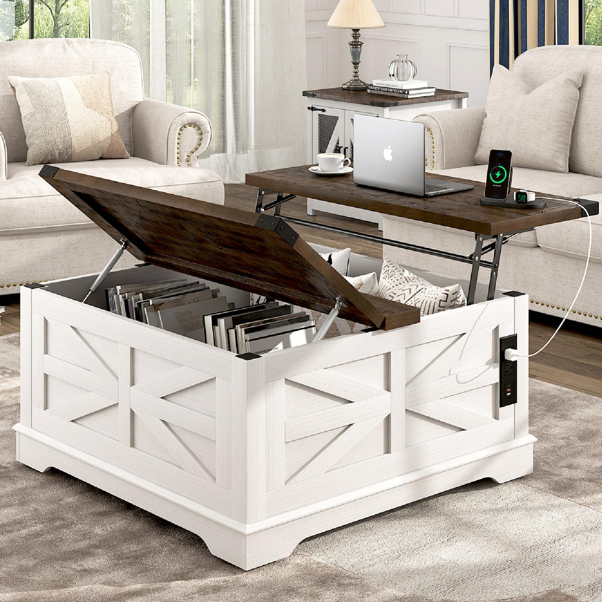 Hlivelood 36" Farmhouse Movable Lift Top Coffee Table with Storage and Power Outlets, Square Wood Living Room Tables with Wheels&Large Hidden Space, Lift Wooden Barn Door Center Table, White Hlivelood